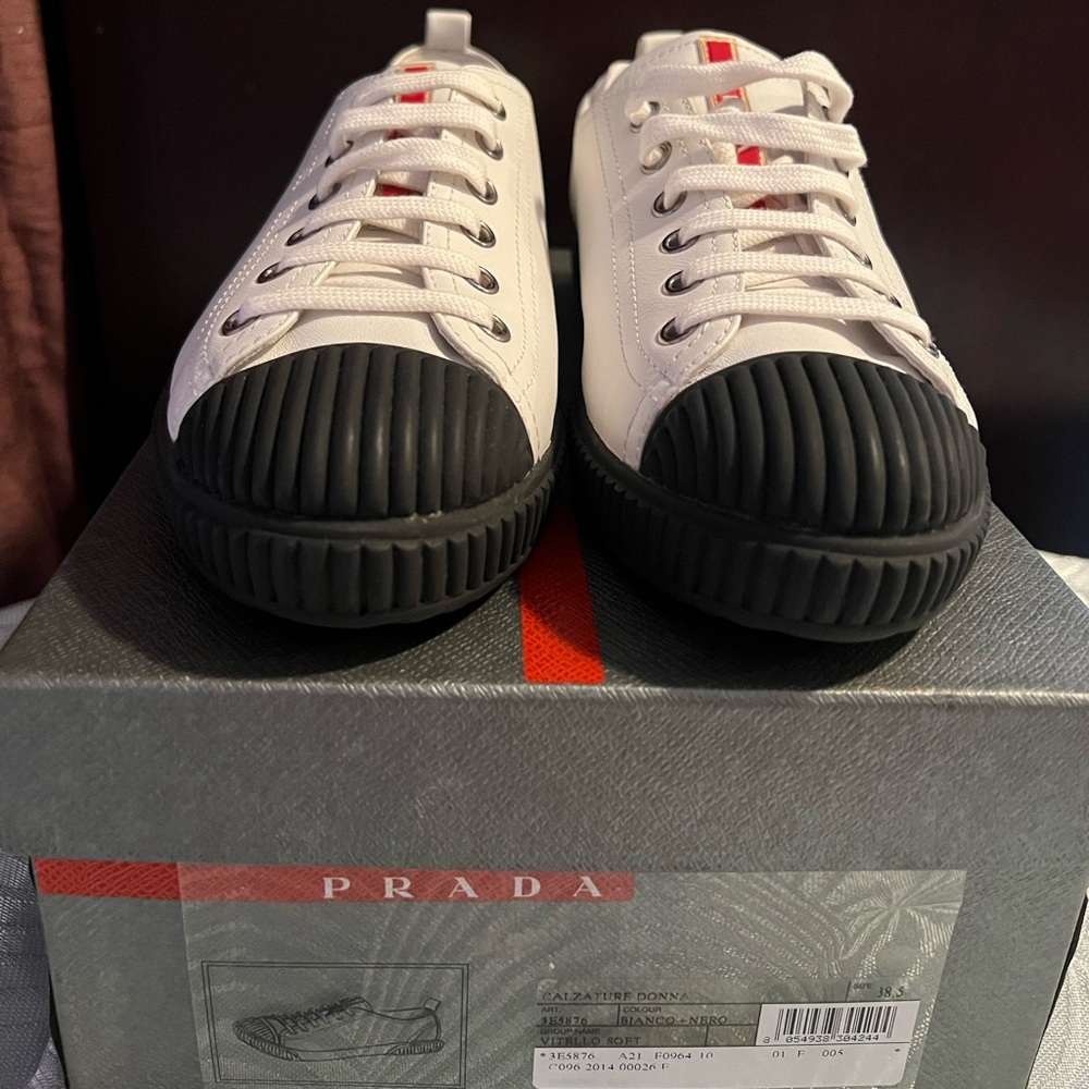 Prada Vitello White Sneakers with Black Toe Cap